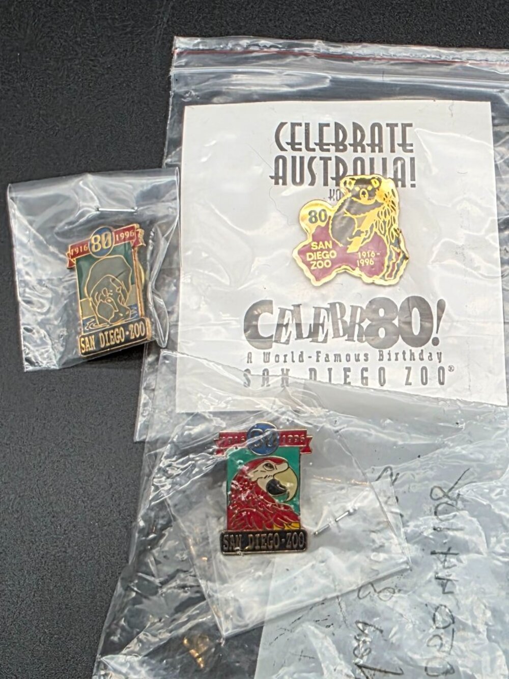 Vtg San Diego Zoo 80 Year Souvenir Lapel Hat Jacket Pin set of 3